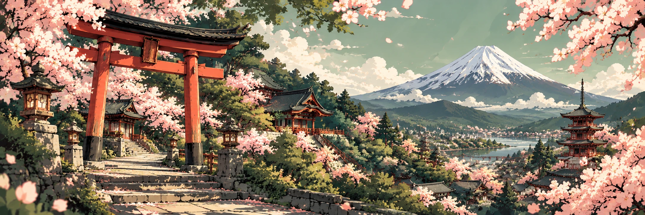 Gerbang torii dan Gunung Fuji di musim sakura